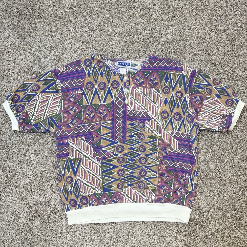 VTG 90s Cape Cod Sportswear Womens Medium Tribal Abstract Henley Dolman Top USA